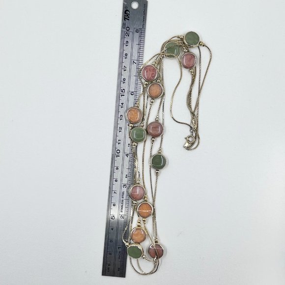 Green, Peach & Coral Enameled Disks Gold Tone 22” Multi Strand Necklace - Picture 4 of 7
